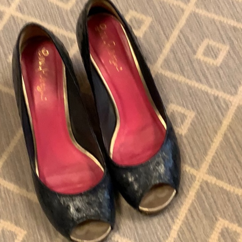 Lilly Pulitzer ostrich blue and cork wedge